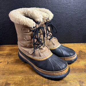 Sorel Caribou Waterproof Winter Snow Boots Tan Leather Fur Lined Size 13